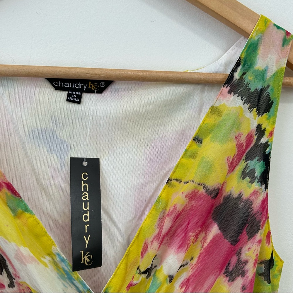 Chaudry Dress Womens Small V Neck Sleeveless Yellow Abstract Midi New - Picture 3 of 10